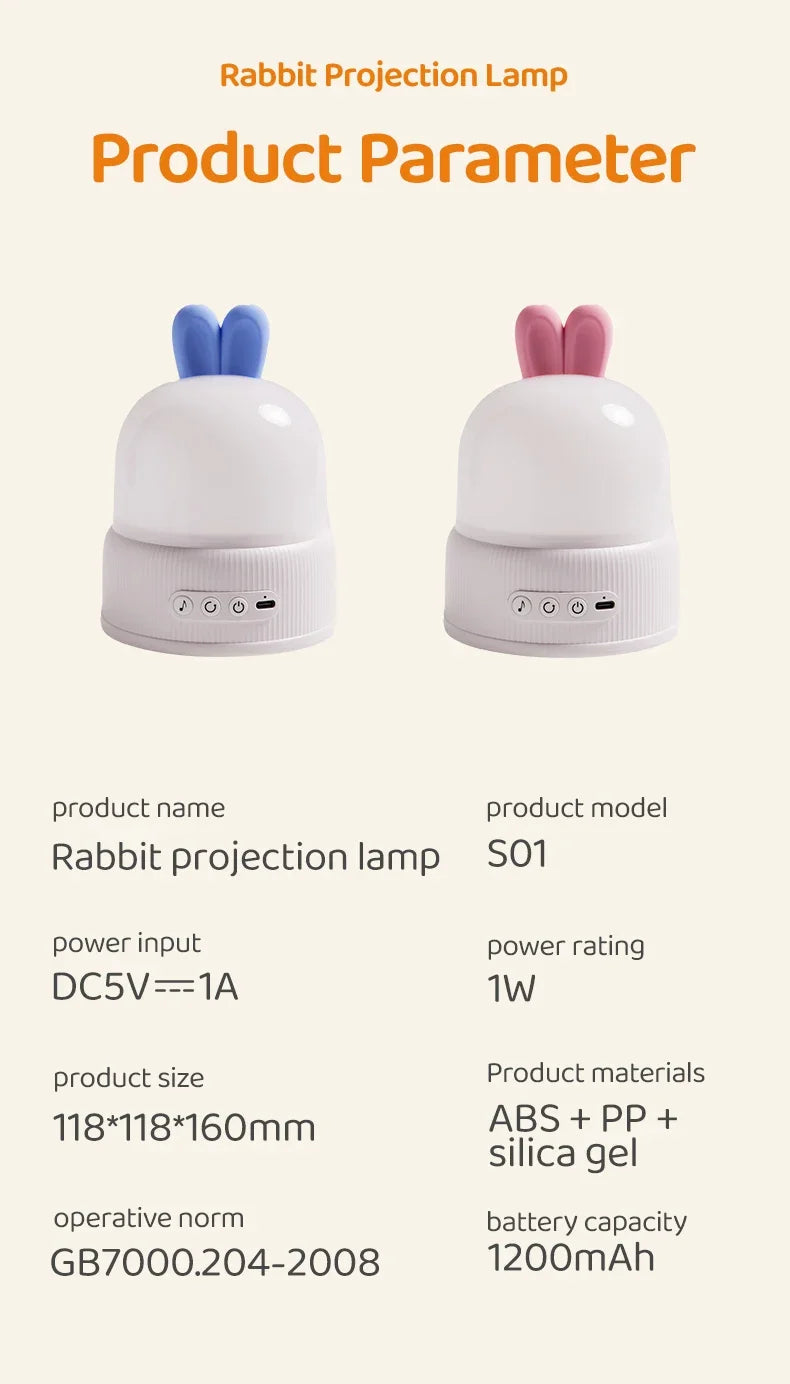 Cute Rabbit Projector Night Light 360° Rotation